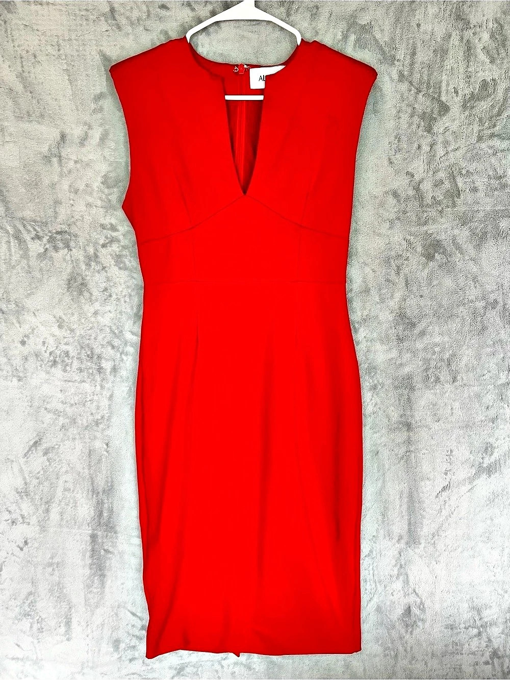 Alieva Red Tailored Sheath Midi Dress Deep V-Neck Slim Fit Bodycon Size L